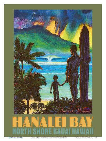 Art Print: Hanalei Bay - North Shore Kauai Hawaii - Ancient Hawaiian Surfer by Rick Sharp: 12x9in