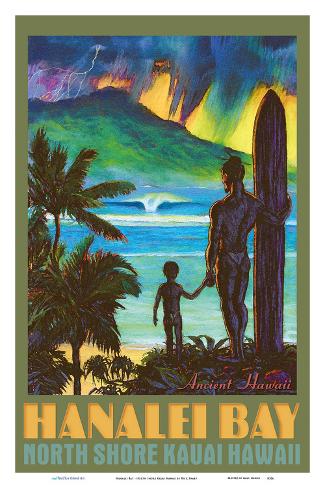 Art Print: Hanalei Bay - North Shore Kauai Hawaii - Ancient Hawaiian Surfer by Rick Sharp: 18x12in
