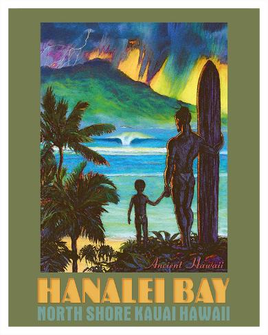 Giclee Print: Hanalei Bay - North Shore Kauai Hawaii - Ancient Hawaiian Surfer by Rick Sharp: 20x16in