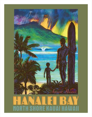 Giclee Print: Hanalei Bay - North Shore Kauai Hawaii - Ancient Hawaiian Surfer by Rick Sharp: 14x11in