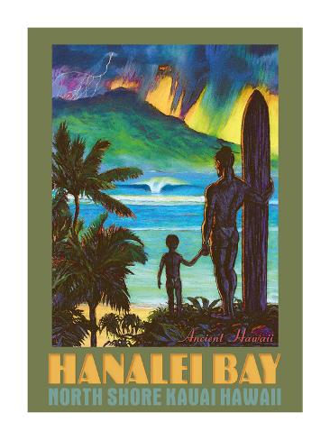 Premium Giclee Print: Hanalei Bay - North Shore Kauai Hawaii - Ancient Hawaiian Surfer by Rick Sharp: 24x18in