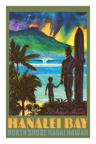 Premium Giclee Print: Hanalei Bay - North Shore Kauai Hawaii - Ancient Hawaiian Surfer by Rick Sharp: 36x24in