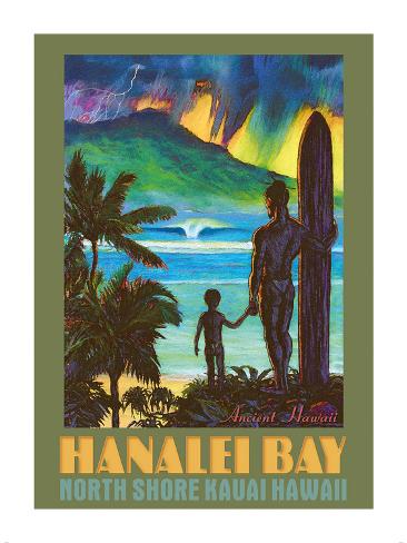 Premium Giclee Print: Hanalei Bay - North Shore Kauai Hawaii - Ancient Hawaiian Surfer by Rick Sharp: 16x12in