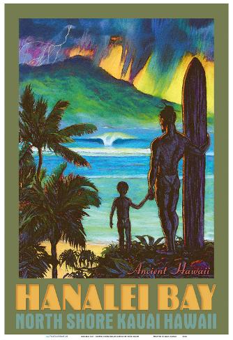 Art Print: Hanalei Bay - North Shore Kauai Hawaii - Ancient Hawaiian Surfer by Rick Sharp: 19x13in