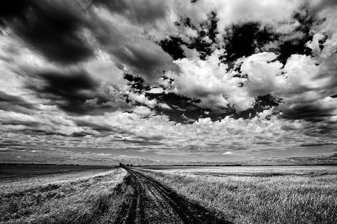 Photographic Print: Canada, Manitoba, Grande Pointe. Black and white of clouds and road through field. by Jaynes Gallery: 12x8in