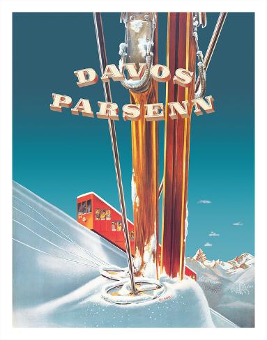 Giclee Print: Davos Switzerland - Parsenn Ski Area - Funicular Railway by Edi Hauri: 14x11in