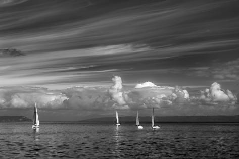 Photographic Print: USA, Washington State, Kingston. Black and white of sailboats on Puget Sound. by Jaynes Gallery: 12x8in