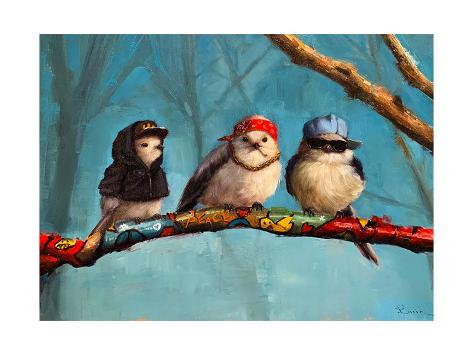 Art Print: Birdz In Da Hood by Lucia Heffernan: 12x9in