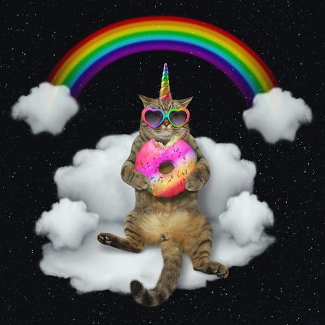 Photographic Print: The Cat Unicorn in Sunglasses with a Color Donut is Sitting on the Cloud like a Couch. the Rainbow: 16x16in