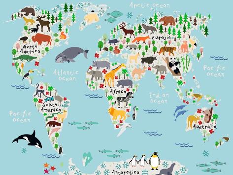 Art Print: Animal Map of the World for Children and Kids by Moloko88: 12x9in