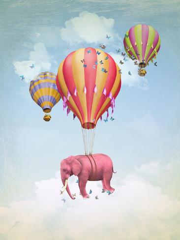 Art Print: Pink Elephant in the Sky with Balloons. Illustration for a Card or Book Cover or Magazine. Computer by Ganna Demchenko: 12x9in