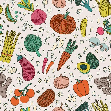 Art Print: Bright Tasty Seamless Pattern with Green Peas, Eggplant, Potato, Carrot, Pumpkin, Avocado, Leek, Ra by smilewithjul: 12x12in