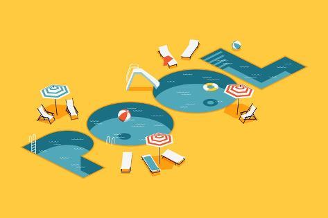 Art Print: Cool Vector Creative Concept Design on Isometric Letters Shaped Swimming Pool with Chaise Lounges, by Mascha Tace: 18x12in