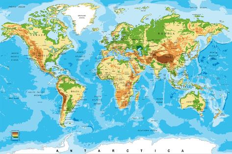 Art Print: Physical Map of the World by Serban Bogdan: 18x12in