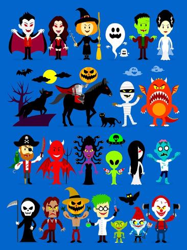 Art Print: Monsters Mash Halloween Characters by jacklooser: 12x9in
