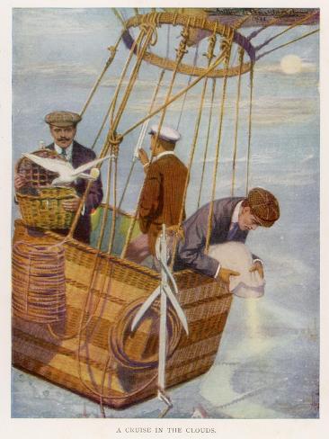 Photographic Print: Scene in the Basket of a Balloon. One Man Consults the Altimeter: 12x9in