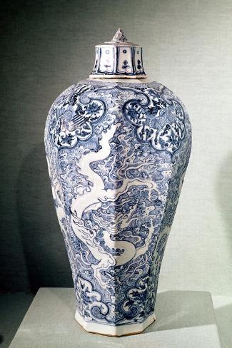 Giclee Print: Octagonal Mei- PIng Vase with White and Blue Decoration, from Baoding, Hebei, Yuan Dynasty: 18x12in