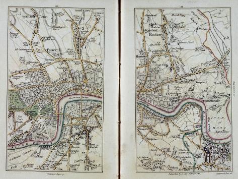 Giclee Print: Map of East London, Plates 20-21, from 'Cary's Actual Survey of Middlesex', 1786 by John Cary: 12x9in