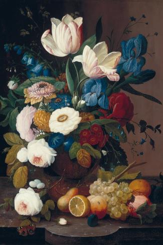Giclee Print: Still Life, Flowers and Fruit, 1848 by Severin Roesen: 18x12in