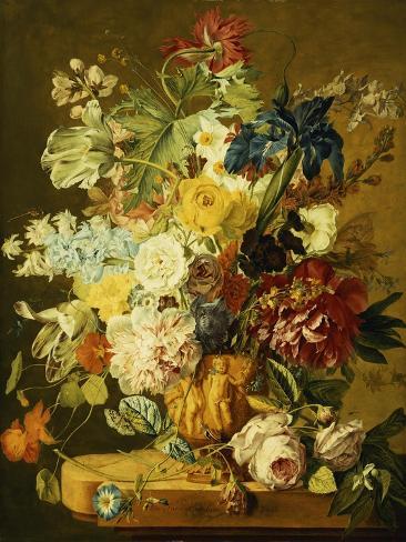 Giclee Print: Roses, Peonies, Tulips, Morning Glory, an Iris, Columbine, a Poppy, Jonquils and Other Flowers in… by Jan van Huysum: 12x9in