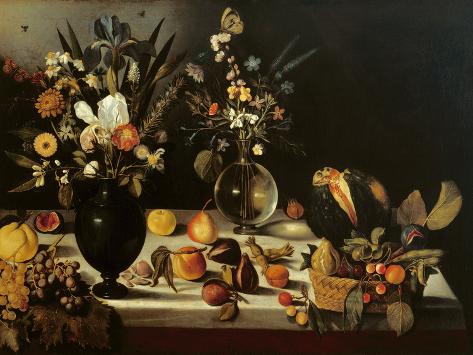 Giclee Print: Still Life with Flowers and Fruit by Caravaggio: 12x9in