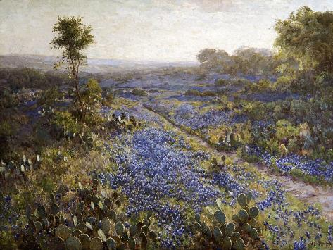 Giclee Print: Field of Texas Bluebonnets and Prickly Pear Cacti by Julian Robert Onderdonk: 12x9in