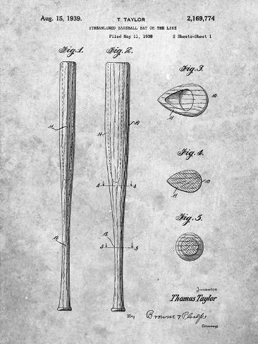 Art Print: Baseball Bat Patent 1938 by Cole Borders: 12x9in