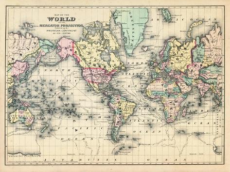 Giclee Print: 1876, World, Map of the World 1876: 12x9in