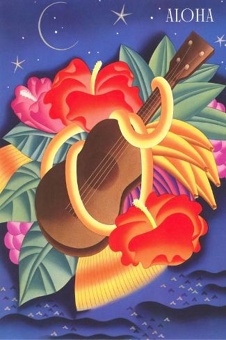 Art Print: Graphic of Ukulele and Tropical Flowers, Aloha: 18x12in