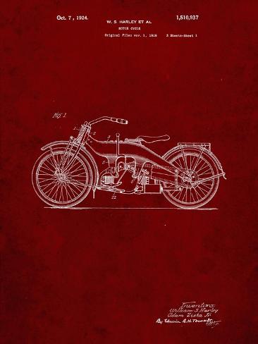 Giclee Print: PP194- Burgundy Harley Davidson Motorcycle 1919 Patent Poster by Cole Borders: 12x9in