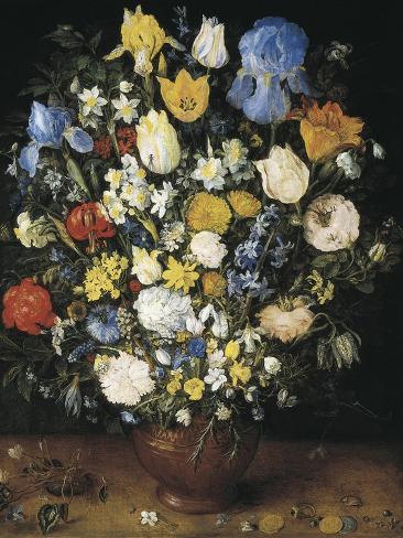 Art Print: Bouquet in a Clay Vase by Jan Brueghel the Elder: 12x9in