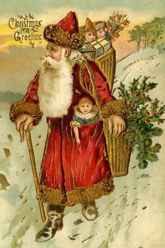 Art Print: Father Christmas Dressed in Red Walking with a Gold Metallic Cane, Beatrice Litzinger Collection: 18x12in Art Print: Father Christmas Dressed in Red Walking with a Gold Metallic Cane, Beatrice Litzinger Collection: 18x12in