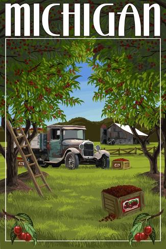 Art Print: Michigan - Cherry Orchard Harvest by Lantern Press: 18x12in