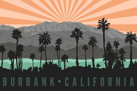 Art Print: Burbank, California - Palm Trees and Mountains by Lantern Press: 18x12in