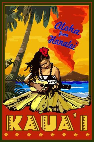 Art Print: Kauai, Hawaii - Aloha from Hanalei - Hula Girl and Ukulele by Lantern Press: 18x12in
