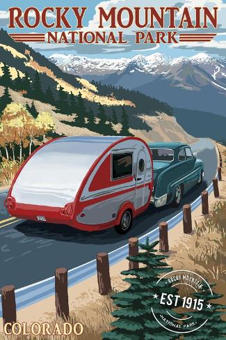 Art Print: Rocky Mountain National Park - Retro Camper - Rubber Stamp by Lantern Press: 18x12in