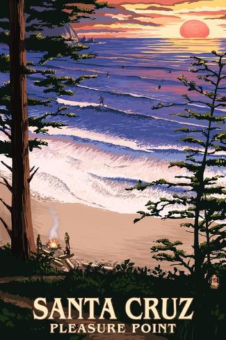 Art Print: Santa Cruz, California - Pleasure Point Sunset and Surfers by Lantern Press: 18x12in