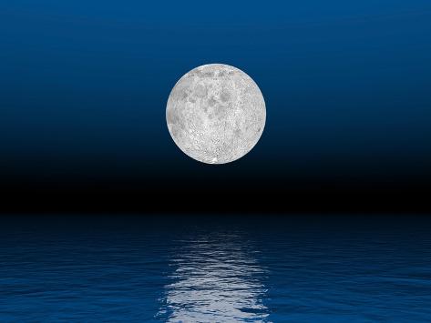 Art Print: Beautiful Full Moon Against a Deep Blue Sky over the Ocean: 12x9in