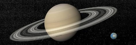 Art Print: Large Planet Saturn and its Rings Next to Small Planet Earth: 24x8in