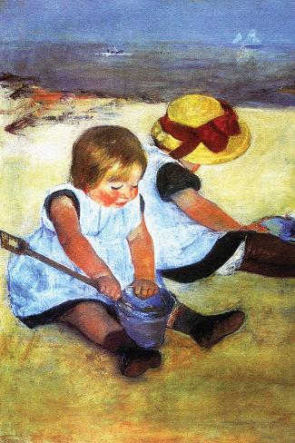 Art Print: Children Playing on the Beach by Mary Cassatt: 18x12in