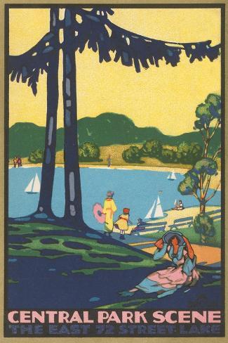 Art Print: Art Deco Poster, Central Park Scene, New York City: 18x12in