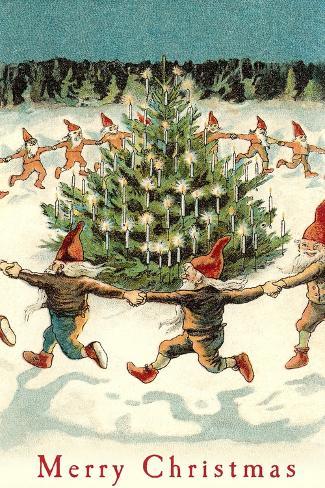 Art Print: Merry Christmas, Elves Dancing Around Tree: 18x12in