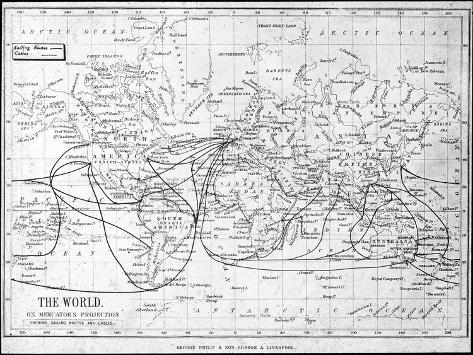 Giclee Print: Map of the World Showing Sailing Routes and Telegraph Cables, C1893 by George Philip & Son: 12x9in