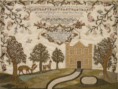 Giclee Print: House and Deer Sampler, c.1785: 12x9in