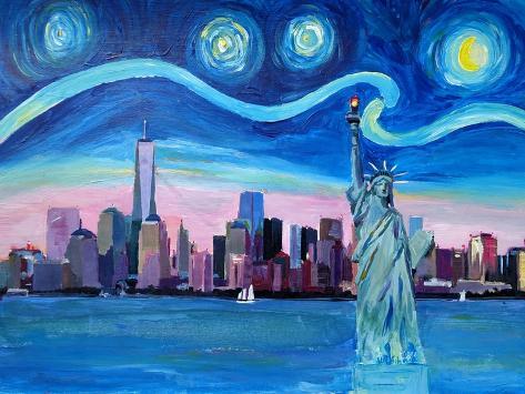 Art Print: Starry Night over Manhattan with Statue of Liberty by Markus Bleichner: 12x9in