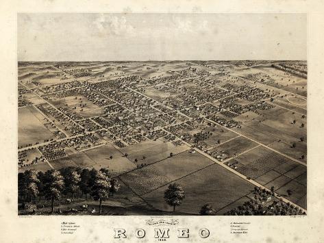 Giclee Print: 1868, Romeo Bird's Eye View, Michigan, United States: 12x9in