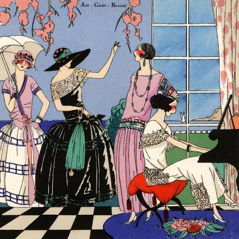 Giclee Print: Woman in white organdi dress playing the piano for other women in two-tone organdi dress.: 16x16in