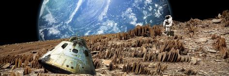 Art Print: An Astronaut Surveys His Situation on a Barren and Rocky Moon by Stocktrek Images: 24x8in