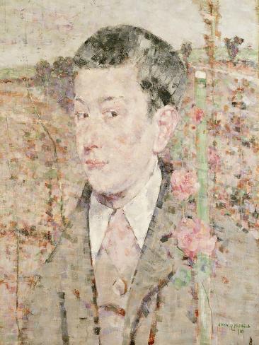Giclee Print: A Portrait of a Boy, Bust Length, Wearing a Grey Suit and Pink Cravat, in a Summer Landscape, 1910 by John Quinton Pringle: 12x9in Giclee Print: A Portrait of a Boy, Bust Length, Wearing a Grey Suit and Pink Cravat, in a Summer Landscape, 1910 by John Quinton Pringle: 12x9in