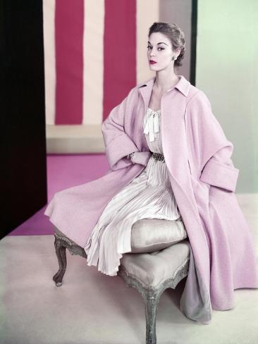 Photographic Print: Model Jean Patchett Wearing Pale Pink Poodle Coat over Dress of Pleated Silk Shantung: 12x9in